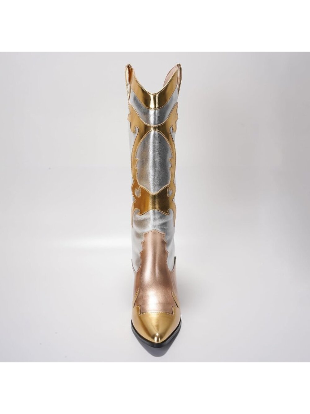 Womenโs Gold Pull-On Metallic Colorblock Cowboy Boots Mid-Calf Pointed Toe Heel - Picture 5 of 6